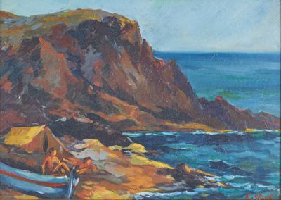 a painting of a boat on the shore by the water
