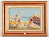 painting of two children playing on the beach with a sailboat in the background