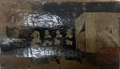 painting of a group of people sitting on a couch in a living room
