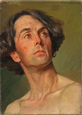 an image of a painting of a man looking up at the sky