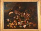peinture d'une nature morte de fruits et de fleurs sur une table