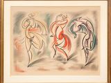 a drawing of three people in a line, one with a hat and the other with a dress