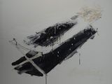une peinture en noir et blanc représentant un avion accrochée au mur
