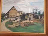 une peinture représentant une grange avec un chemin de terre devant