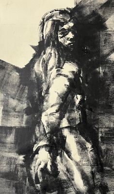 drawing of a man with a sword in a black and white photo