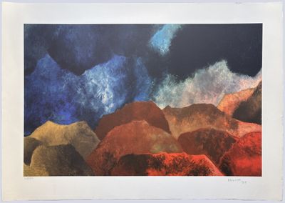 an image of a painting of a mountain range with clouds in the sky