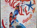 painting of a clown wearing a hat and holding skis with words written on it