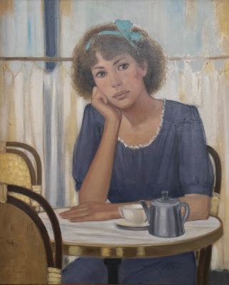 a painting of a woman sitting at a table with a cup of coffee