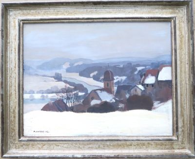 une image représentant un tableau représentant un paysage enneigé avec un village en arrière-plan