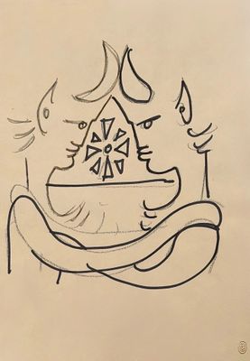 drawing of a drawing of a woman holding a cat with a house in the background