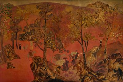 un tableau représentant un groupe de personnes dans une forêt