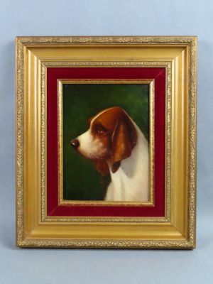 painting of a brown and white dog in a gold frame