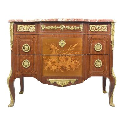 a chest of drawers that has a marble top on it