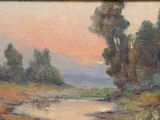 an oil painting of a river with trees in the foreground
