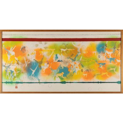 une peinture abstraite représentant un groupe de personnes sur un fond coloré