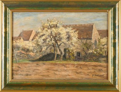 J. DELICOURT (XXe siècle) Cerisiers en fleurs dans un jardin