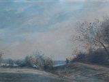 peinture représentant un paysage avec des arbres et une route au premier plan