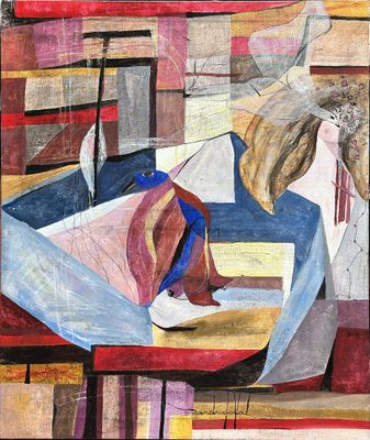 abstract painting of a woman laying on a bed with a pillow