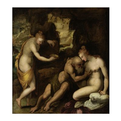 un tableau représentant deux hommes et une femme dans une grotte
