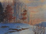 an oil painting of a snowy landscape with trees in the background