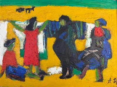 painting of a group of people hanging out clothes on a clothes line