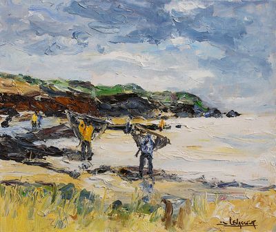 an oil painting of a group of people walking on a beach