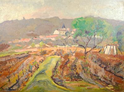 une peinture à l'huile représentant un paysage avec un village au loin