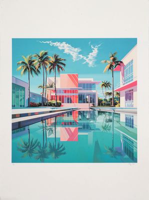 a painting of a pool with palm trees and buildings in the background