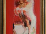 tableau représentant une femme à cheval sur fond rouge