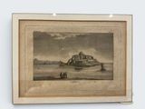 an old picture of a castle in the middle of a body of water