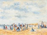 une image représentant un tableau où l'on voit des gens sur la plage, au bord de l'eau