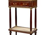 a small wooden table with a marble top and two drawers