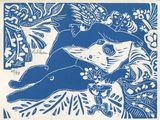 an image of a blue and white drawing of a woman laying on a bed