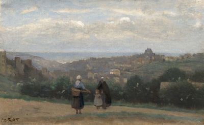 tableau représentant deux femmes debout sur une colline, avec une vue sur une ville au loin