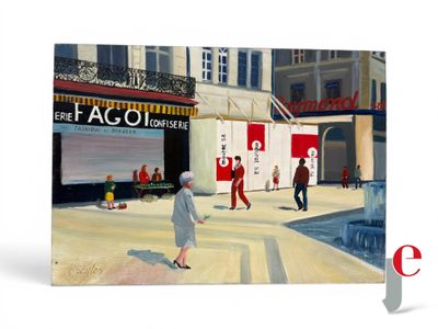 tableau représentant un homme marchant dans la rue devant un immeuble rouge et blanc