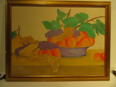 a painting of a bowl of fruit on a table