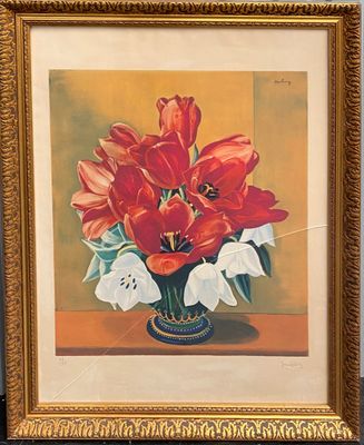 a painting of red flowers in a vase on a table