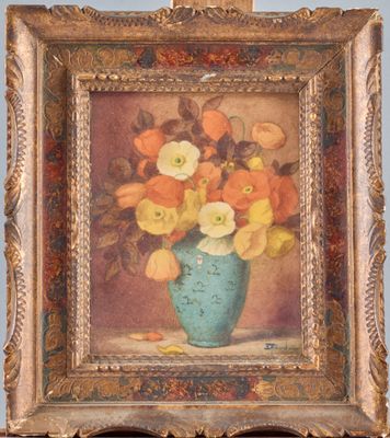 a painting of flowers in a blue vase on a table