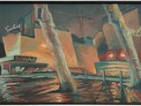 un tableau représentant un bateau sur l'eau, la nuit