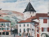 une photo d'un tableau représentant une ville avec une tour horloge