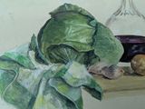 a painting of a cabbage and a bottle of wine on a table