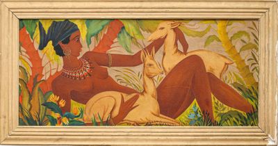 une image représentant un tableau où l'on voit une femme et un cerf dans un champ