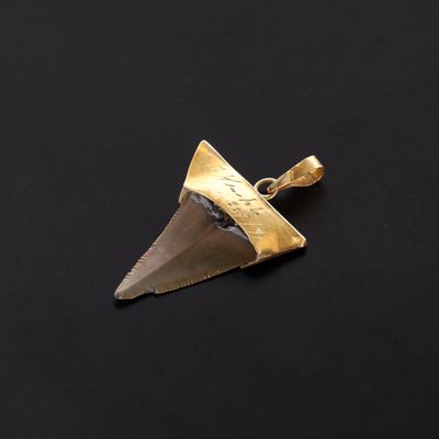 a close up of a gold pendant with a knife on a black surface