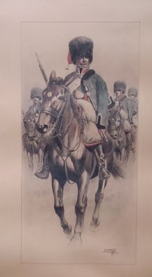 un dessin représentant un homme à cheval en compagnie d'autres hommes