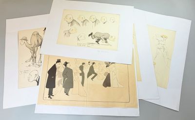 three drawings of people and animals are on a table