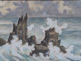 a painting of waves crashing on the rocks in the ocean