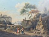 painting of a landscape with figures and a castle in the distance