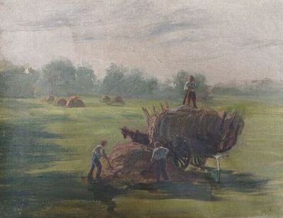 un tableau représentant un homme debout au sommet d'un tas de foin