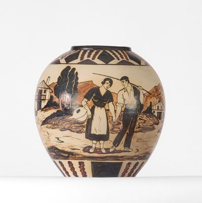 a vase with a painting on it sitting on a table
