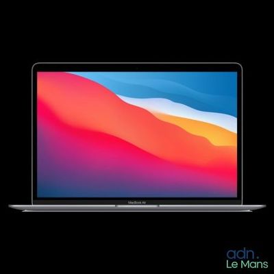 Un ordinateur portable MacBook Air d'Apple est représenté sur un fond noir.